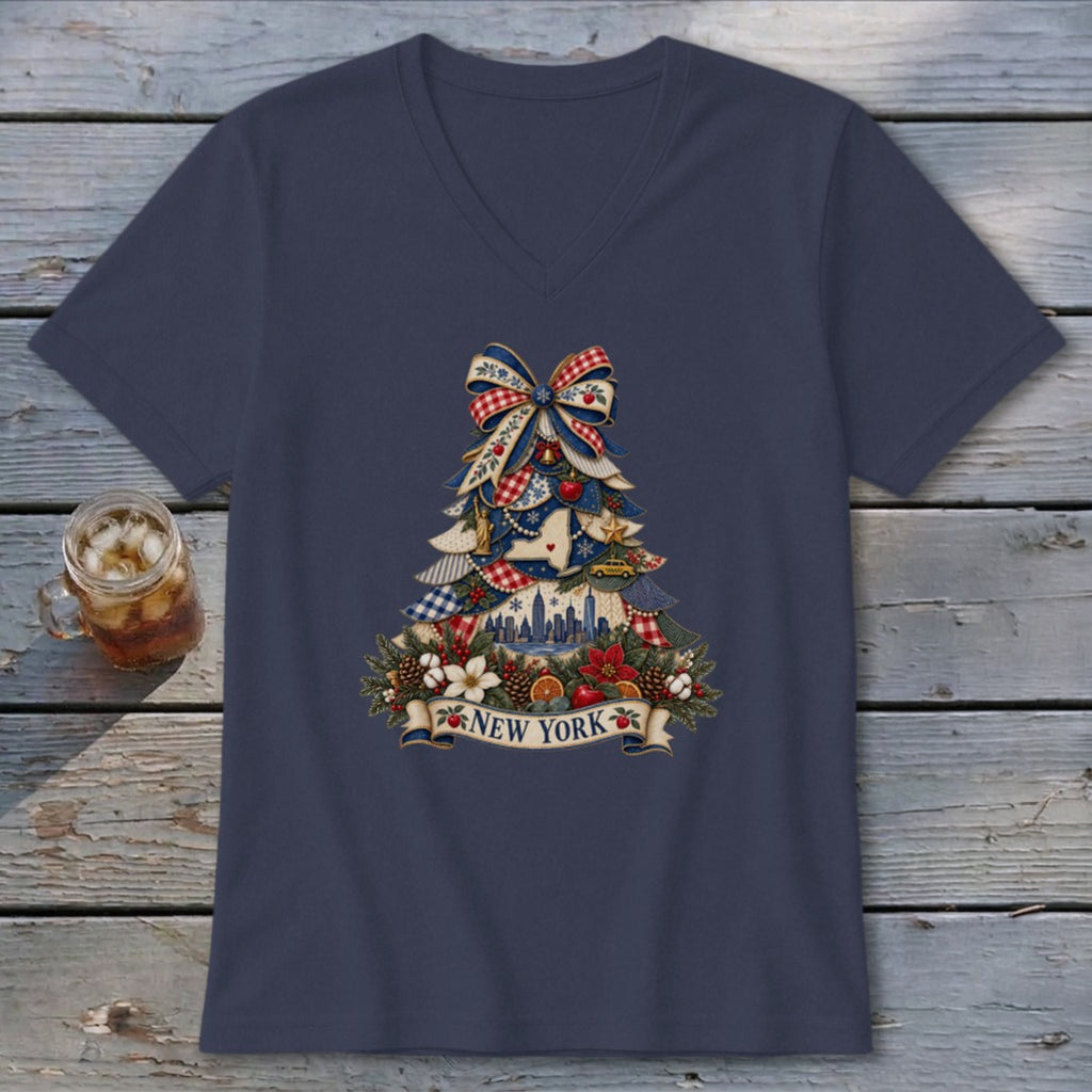 New York Faux Patchwork Christmas Tree V-neck