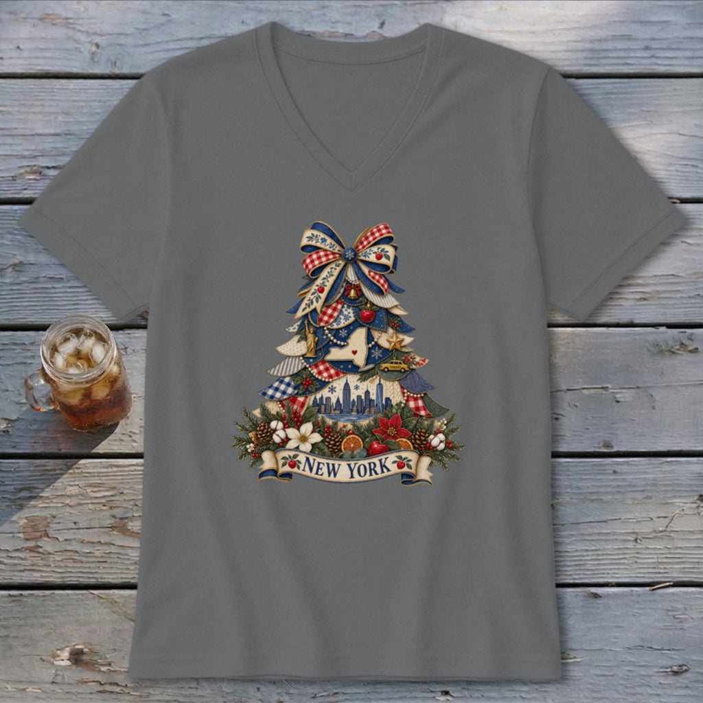 New York Faux Patchwork Christmas Tree V-neck