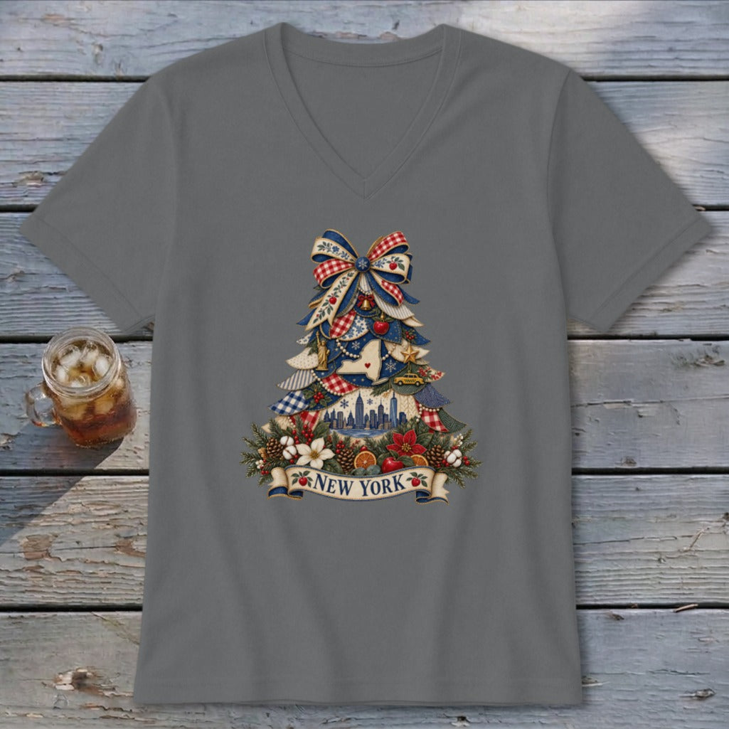 New York Faux Patchwork Christmas Tree V-neck