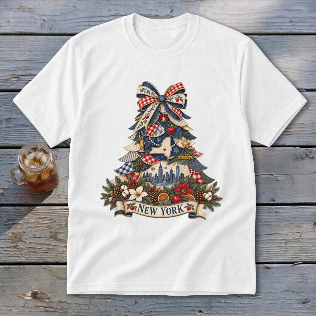 New York Faux Patchwork Christmas Tree Youth Tee