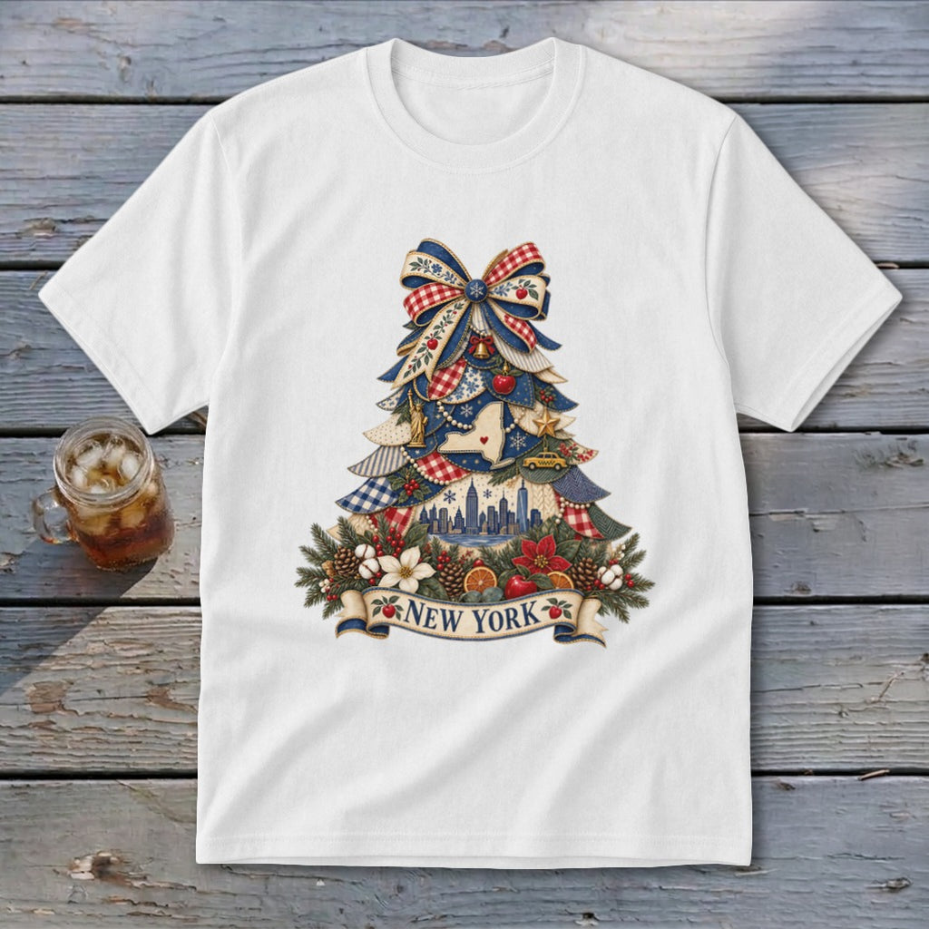 New York Faux Patchwork Christmas Tree Youth Tee