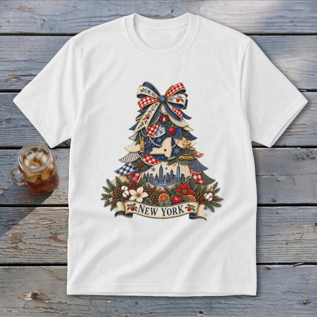 New York Faux Patchwork Christmas Tree Youth Tee