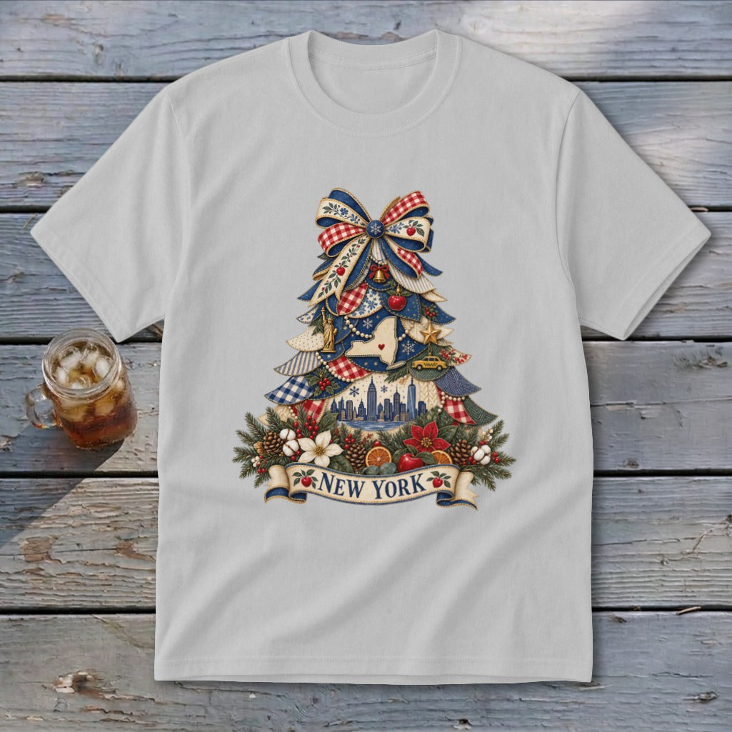 New York Faux Patchwork Christmas Tree Youth Tee