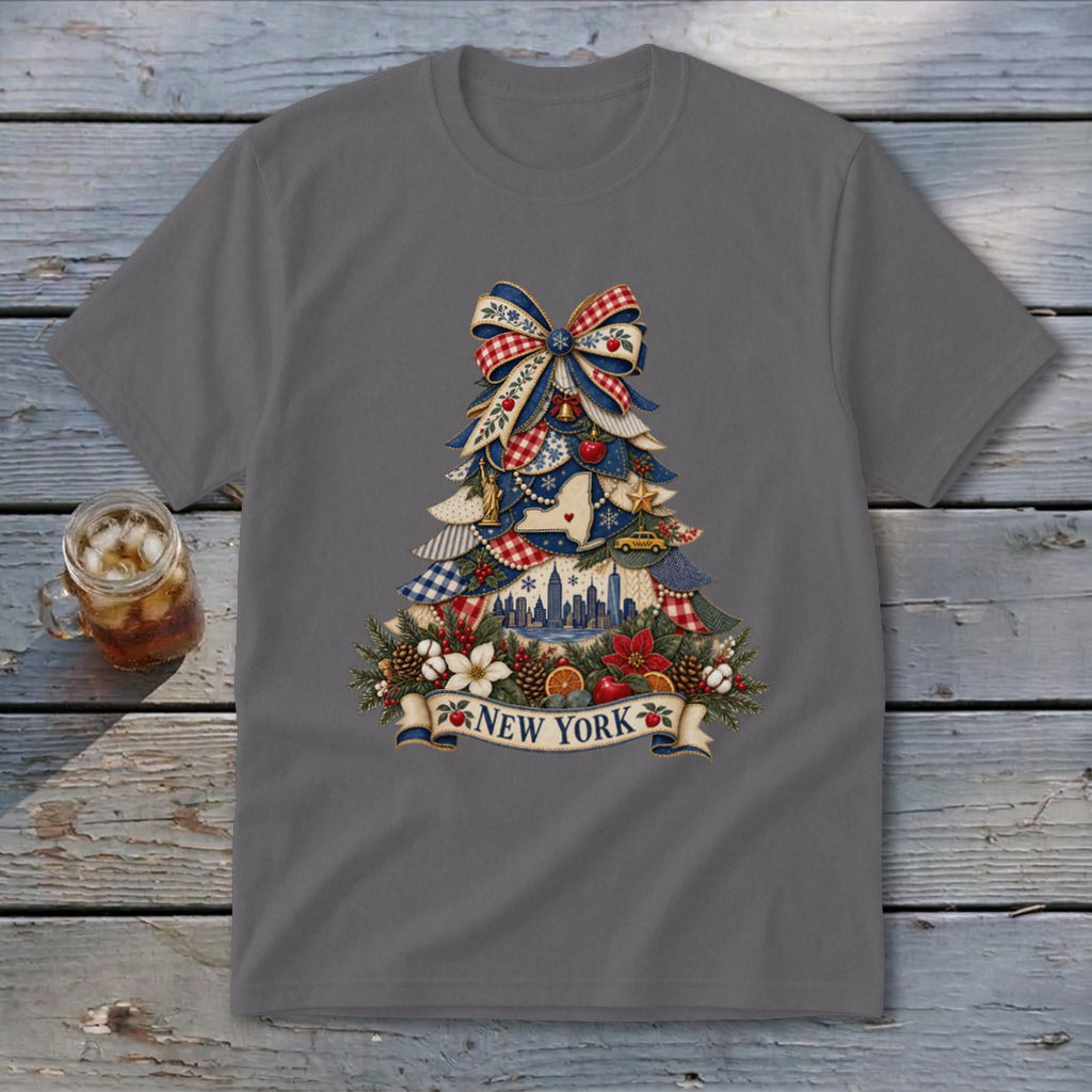 New York Faux Patchwork Christmas Tree Youth Tee