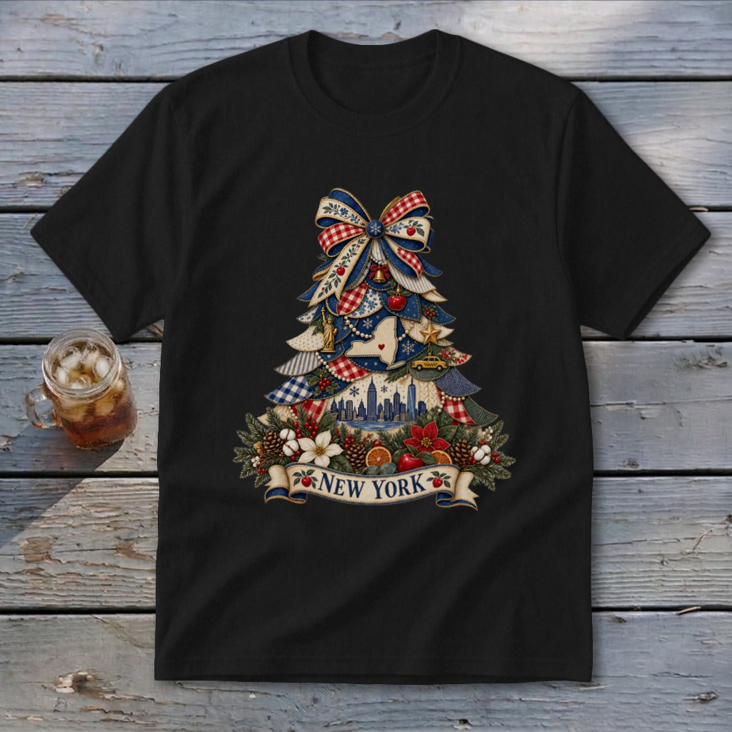 New York Faux Patchwork Christmas Tree Youth Tee