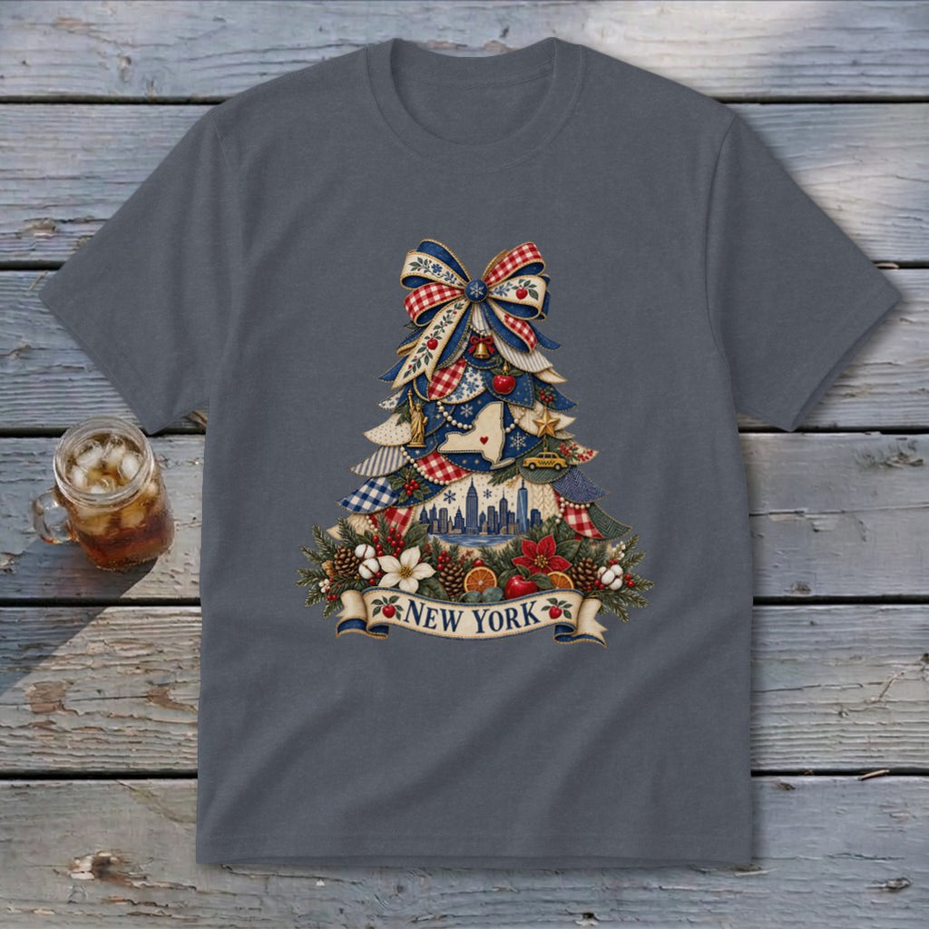 New York Faux Patchwork Christmas Tree Youth Tee