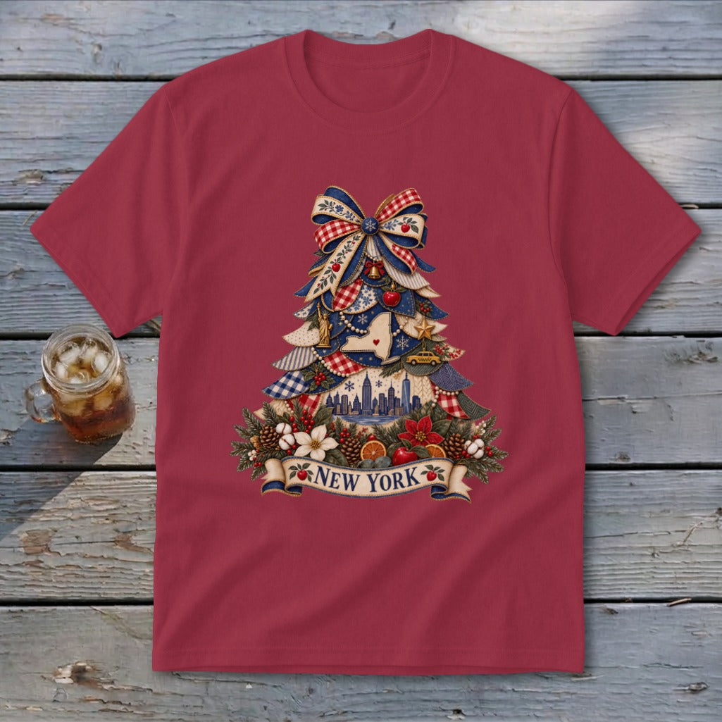 New York Faux Patchwork Christmas Tree Youth Tee