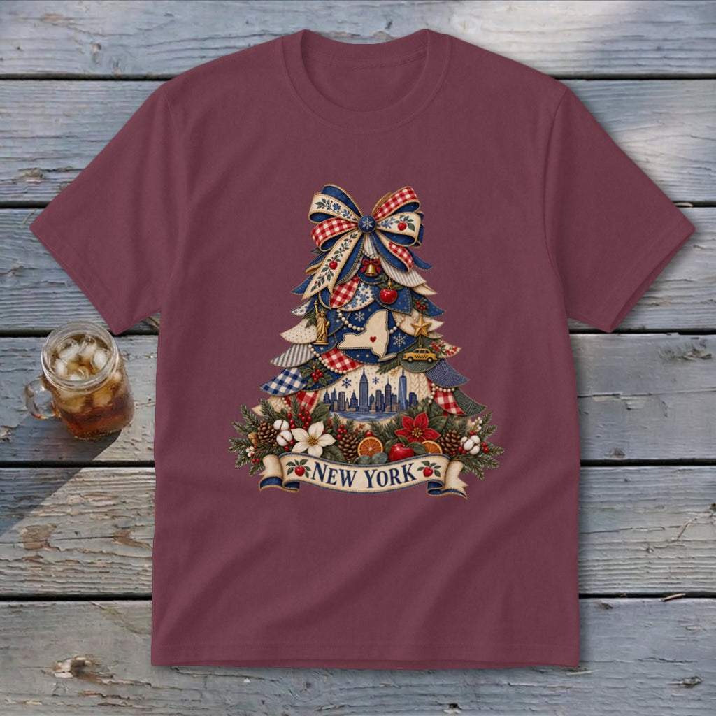 New York Faux Patchwork Christmas Tree Youth Tee