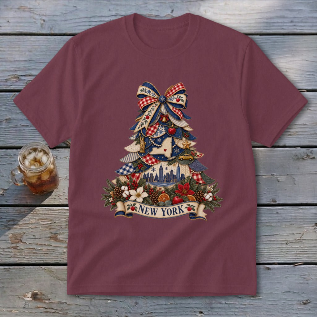 New York Faux Patchwork Christmas Tree Youth Tee