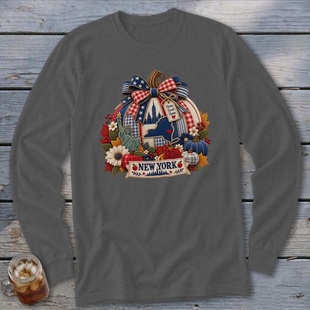 New York Faux Patchwork Pumpkin Long Sleeve Tee
