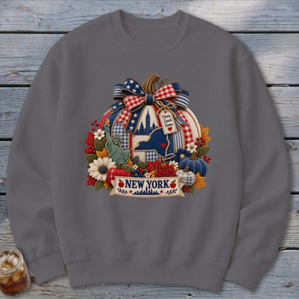 New York Faux Patchwork Pumpkin Sweatshirt