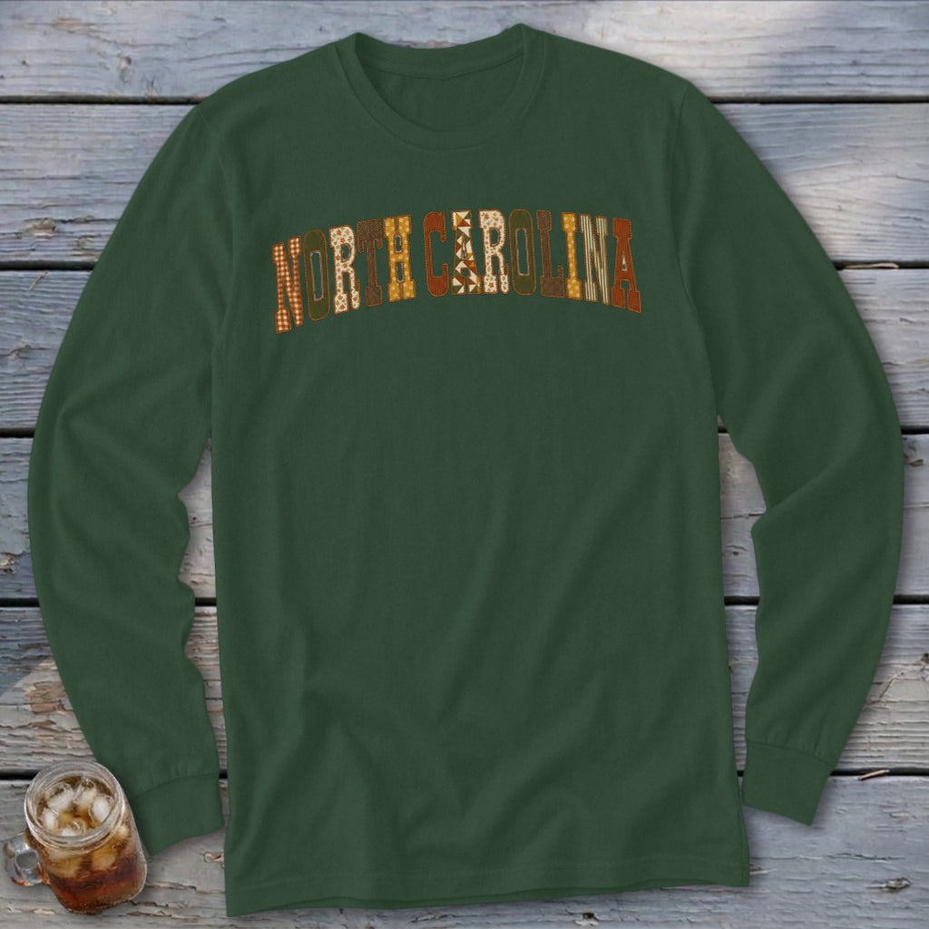 North Carolina Faux Embroidery Letters Long Sleeve Tee
