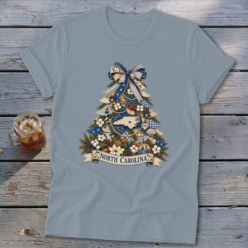 North Carolina Faux Patchwork Christmas Tree Softstyle Tee