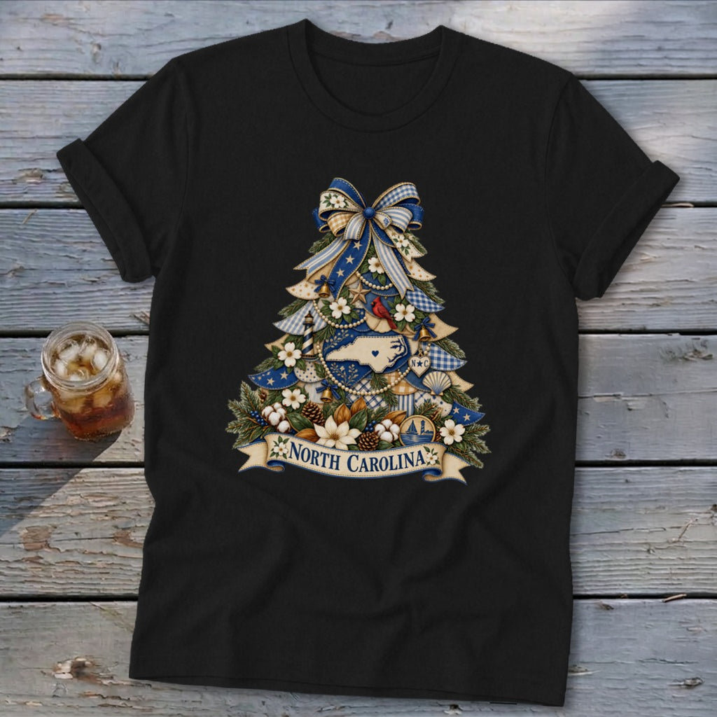 North Carolina Faux Patchwork Christmas Tree Softstyle Tee