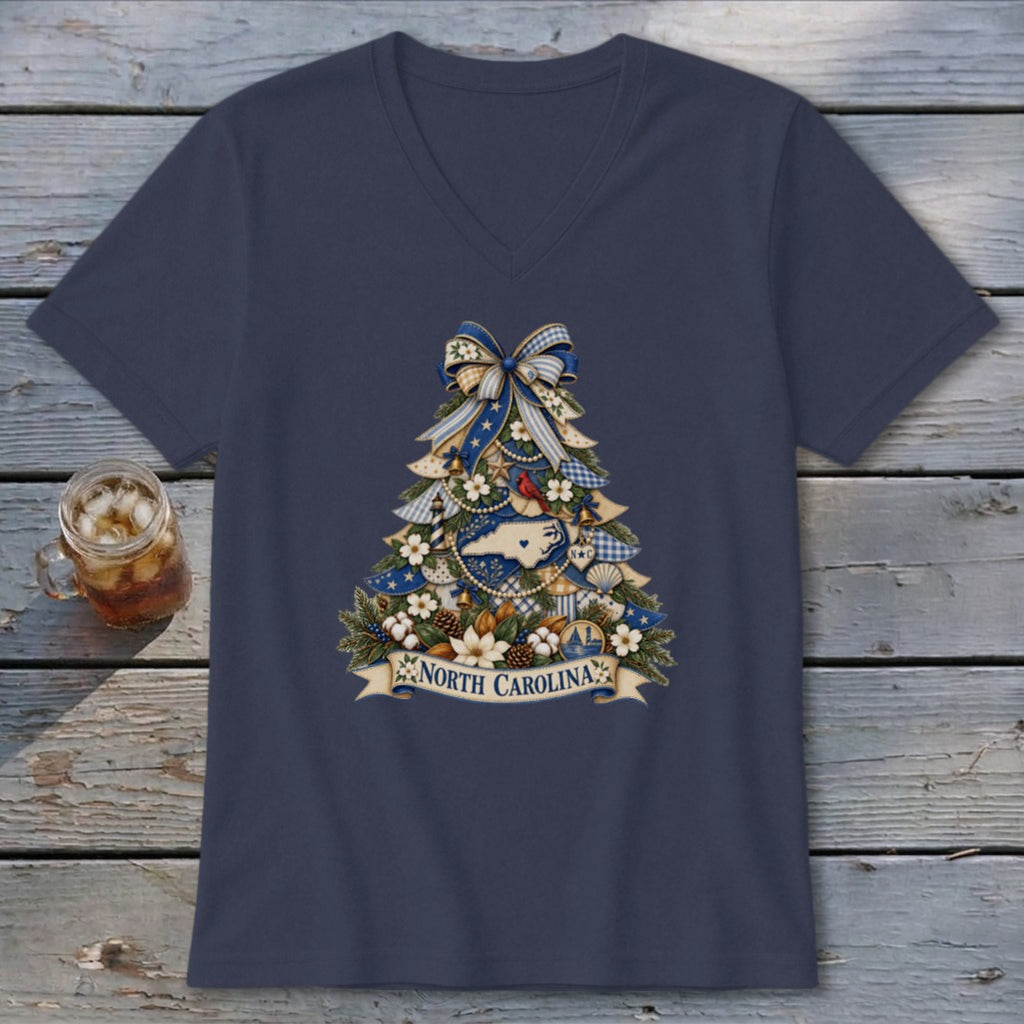 North Carolina Faux Patchwork Christmas Tree V-neck