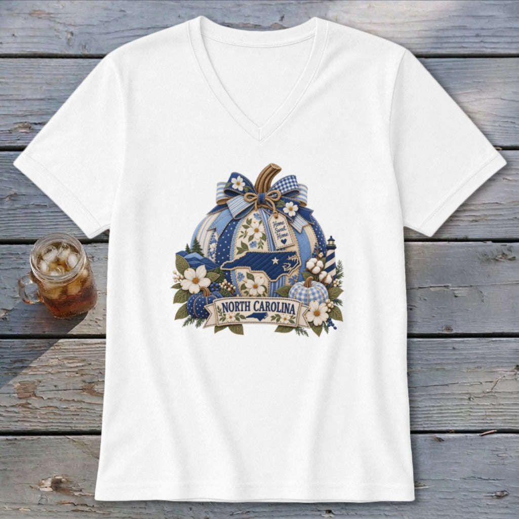 North Carolina Faux Patchwork Pumpkin V-neck