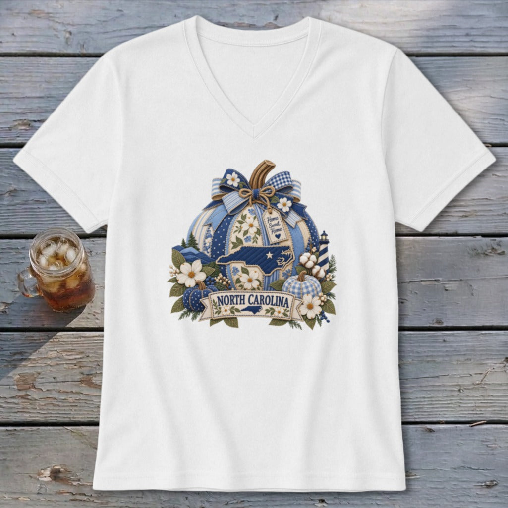 North Carolina Faux Patchwork Pumpkin V-neck