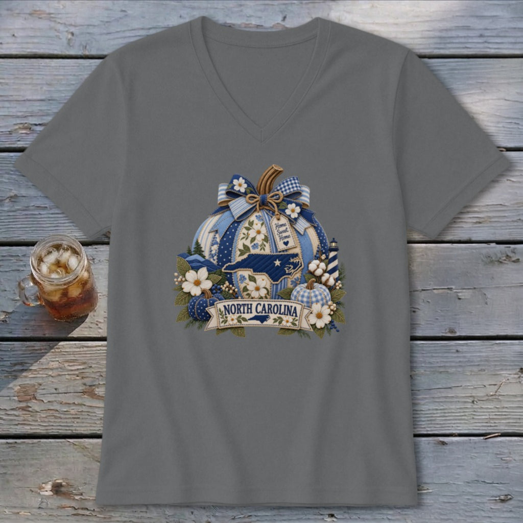 North Carolina Faux Patchwork Pumpkin V-neck