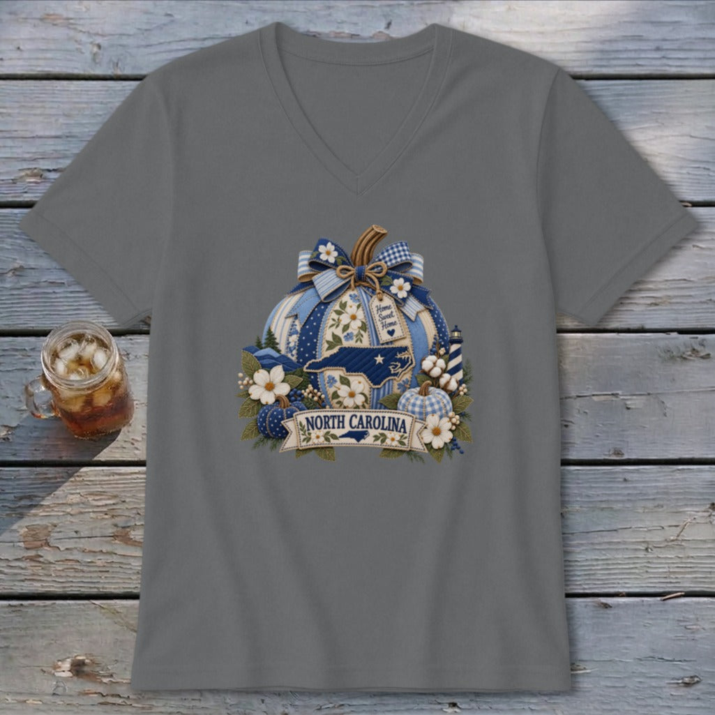 North Carolina Faux Patchwork Pumpkin V-neck