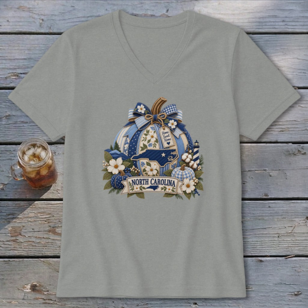 North Carolina Faux Patchwork Pumpkin V-neck