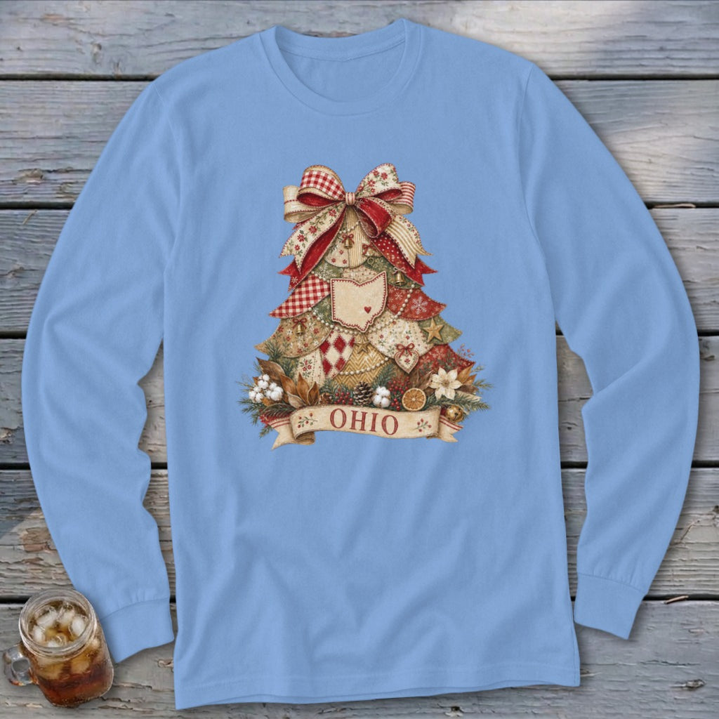 Ohio Faux Patchwork Christmas Tree Long Sleeve Tee