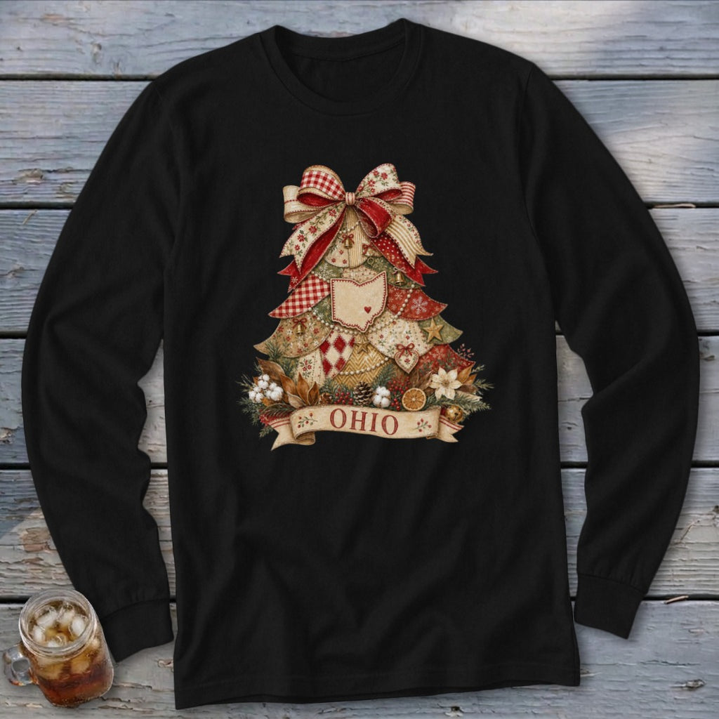 Ohio Faux Patchwork Christmas Tree Long Sleeve Tee