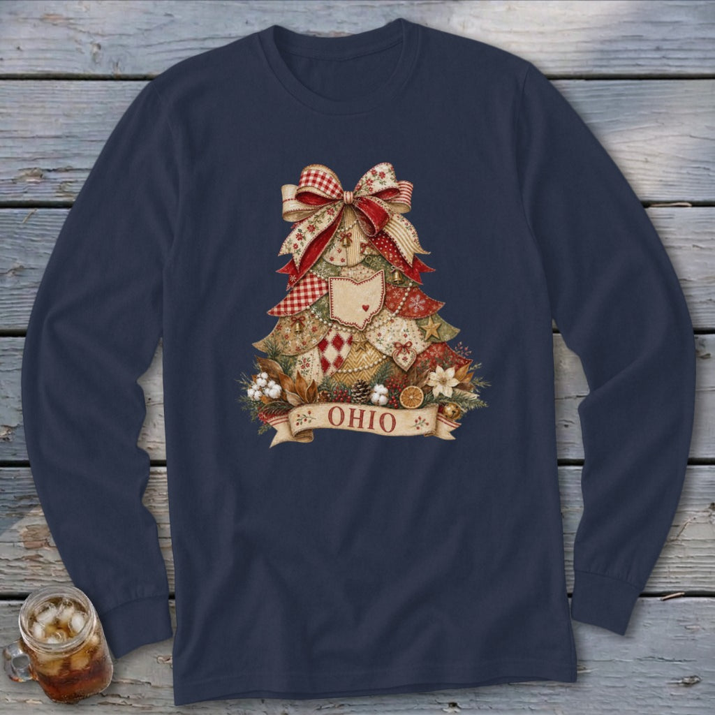Ohio Faux Patchwork Christmas Tree Long Sleeve Tee