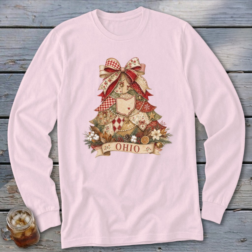 Ohio Faux Patchwork Christmas Tree Long Sleeve Tee