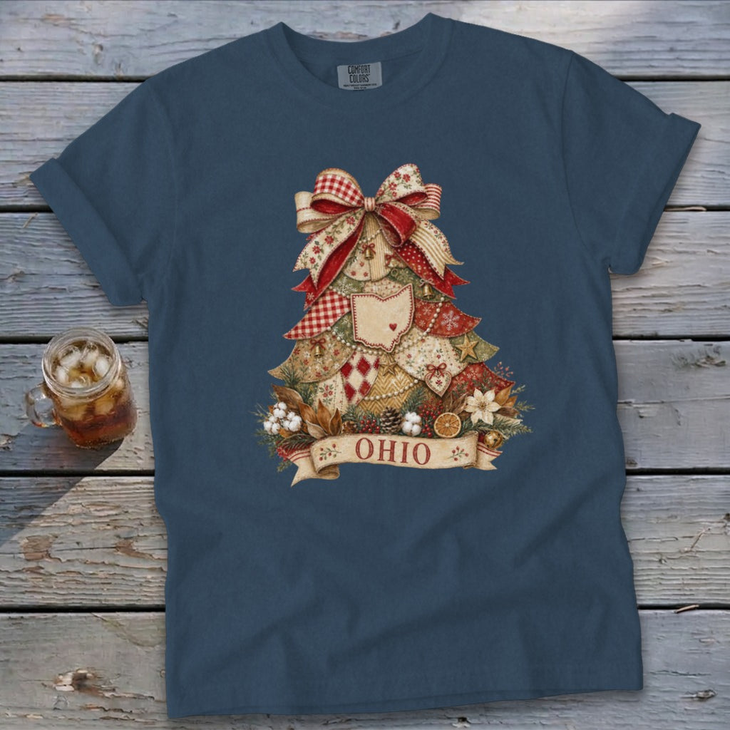 Ohio Faux Patchwork Christmas Tree Signature Tee