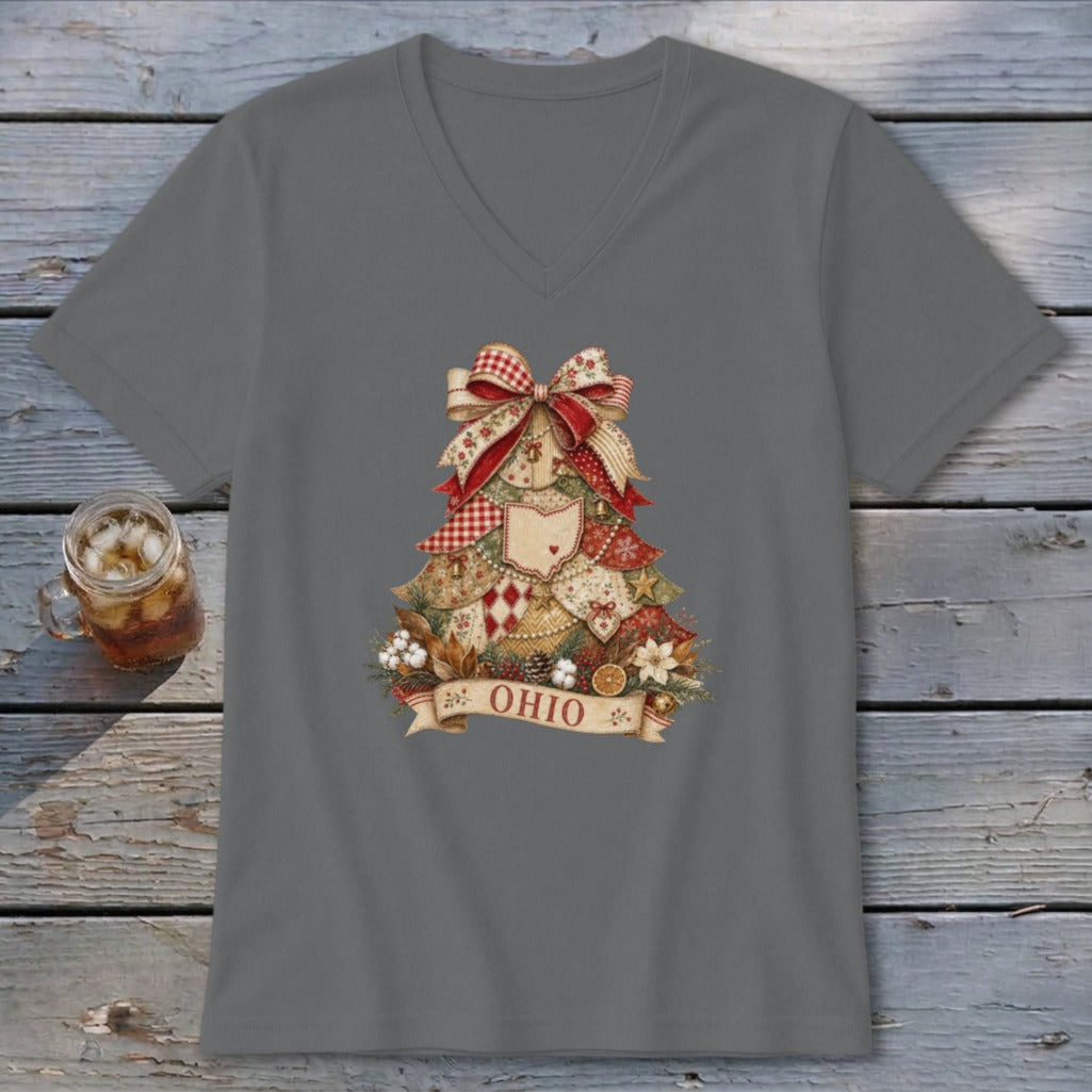 Ohio Faux Patchwork Christmas Tree V-neck