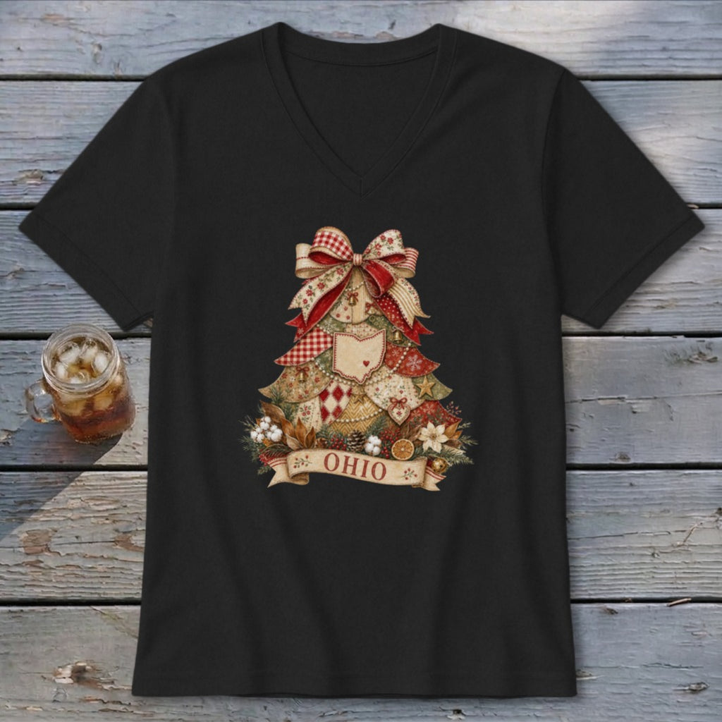 Ohio Faux Patchwork Christmas Tree V-neck