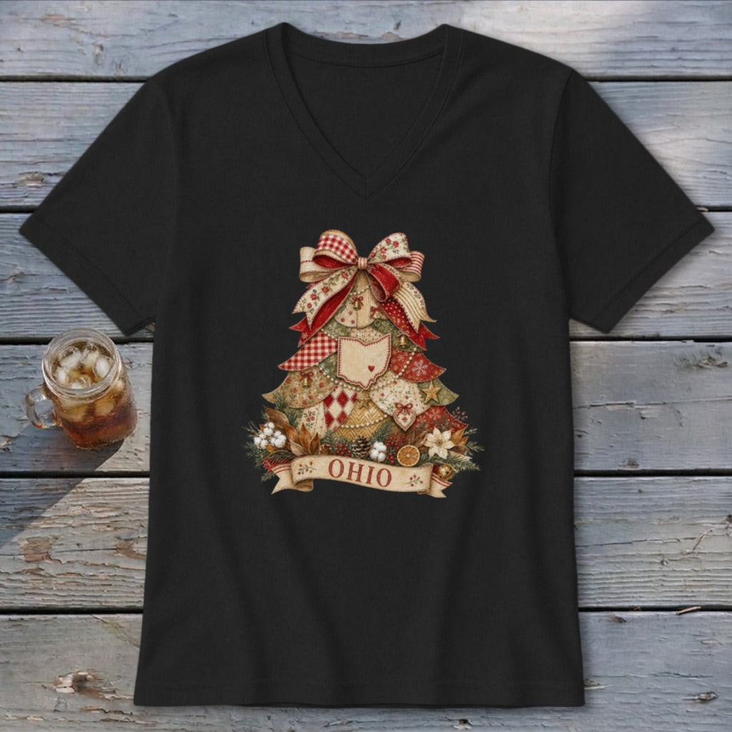Ohio Faux Patchwork Christmas Tree V-neck