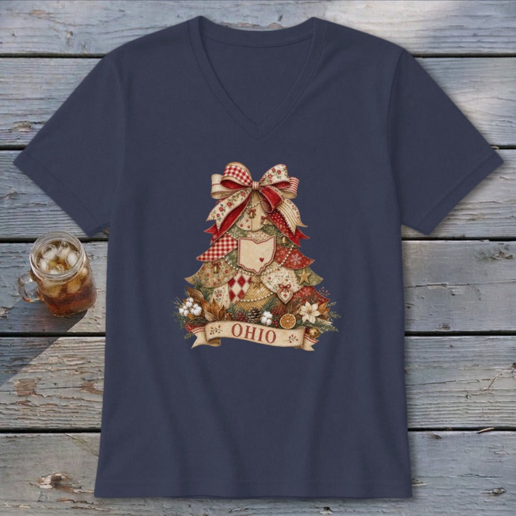Ohio Faux Patchwork Christmas Tree V-neck