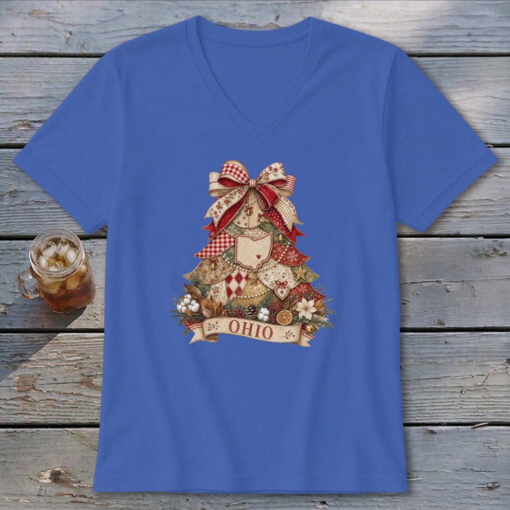 Ohio Faux Patchwork Christmas Tree V-neck
