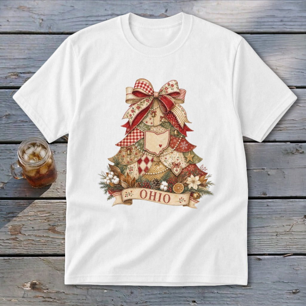 Ohio Faux Patchwork Christmas Tree Youth Tee