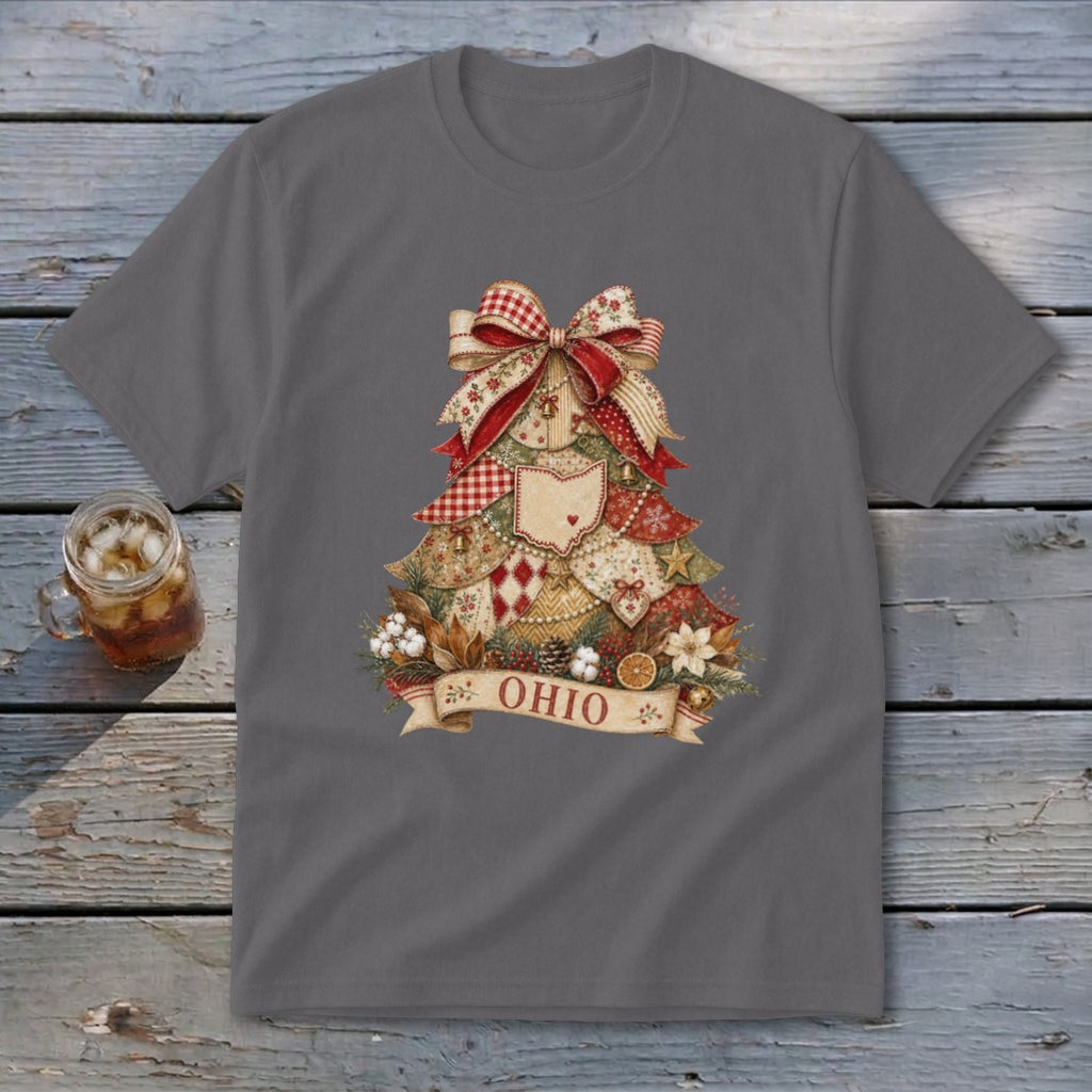 Ohio Faux Patchwork Christmas Tree Youth Tee