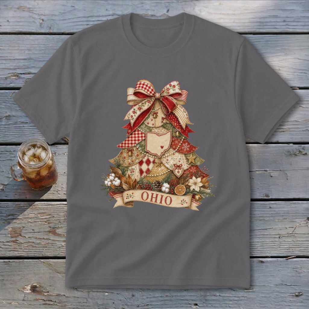 Ohio Faux Patchwork Christmas Tree Youth Tee