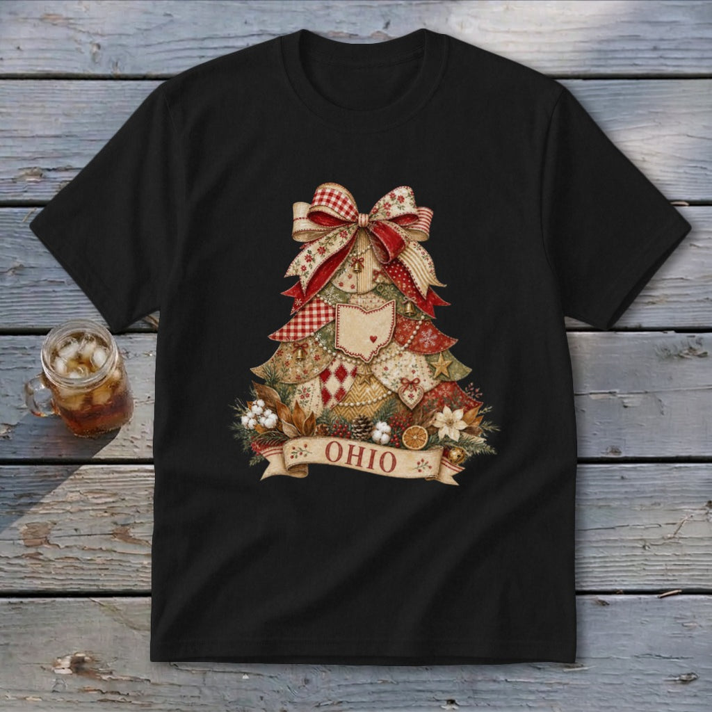 Ohio Faux Patchwork Christmas Tree Youth Tee