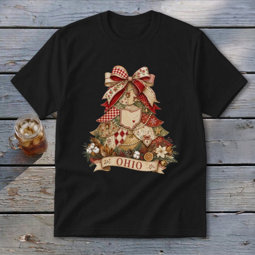 Ohio Faux Patchwork Christmas Tree Youth Tee