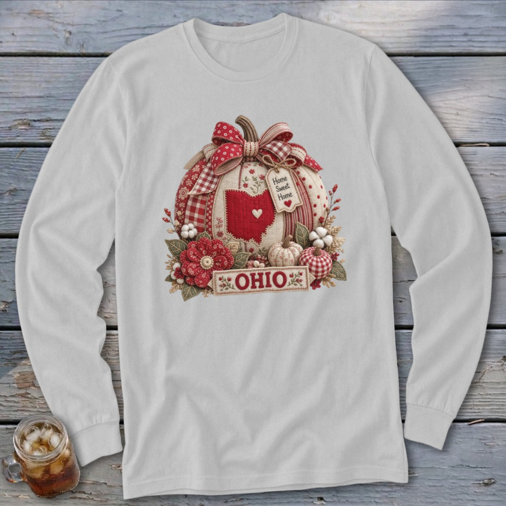 Ohio Faux Patchwork Pumpkin Long Sleeve Tee