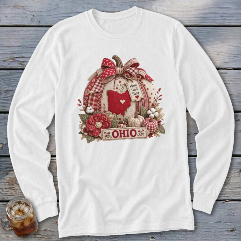 Ohio Faux Patchwork Pumpkin Long Sleeve Tee