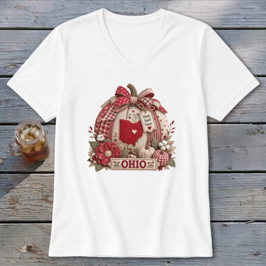 Ohio Faux Patchwork Pumpkin V-neck