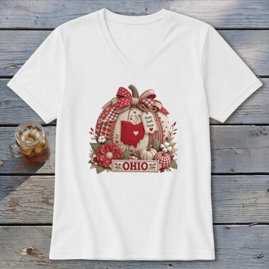 Ohio Faux Patchwork Pumpkin V-neck