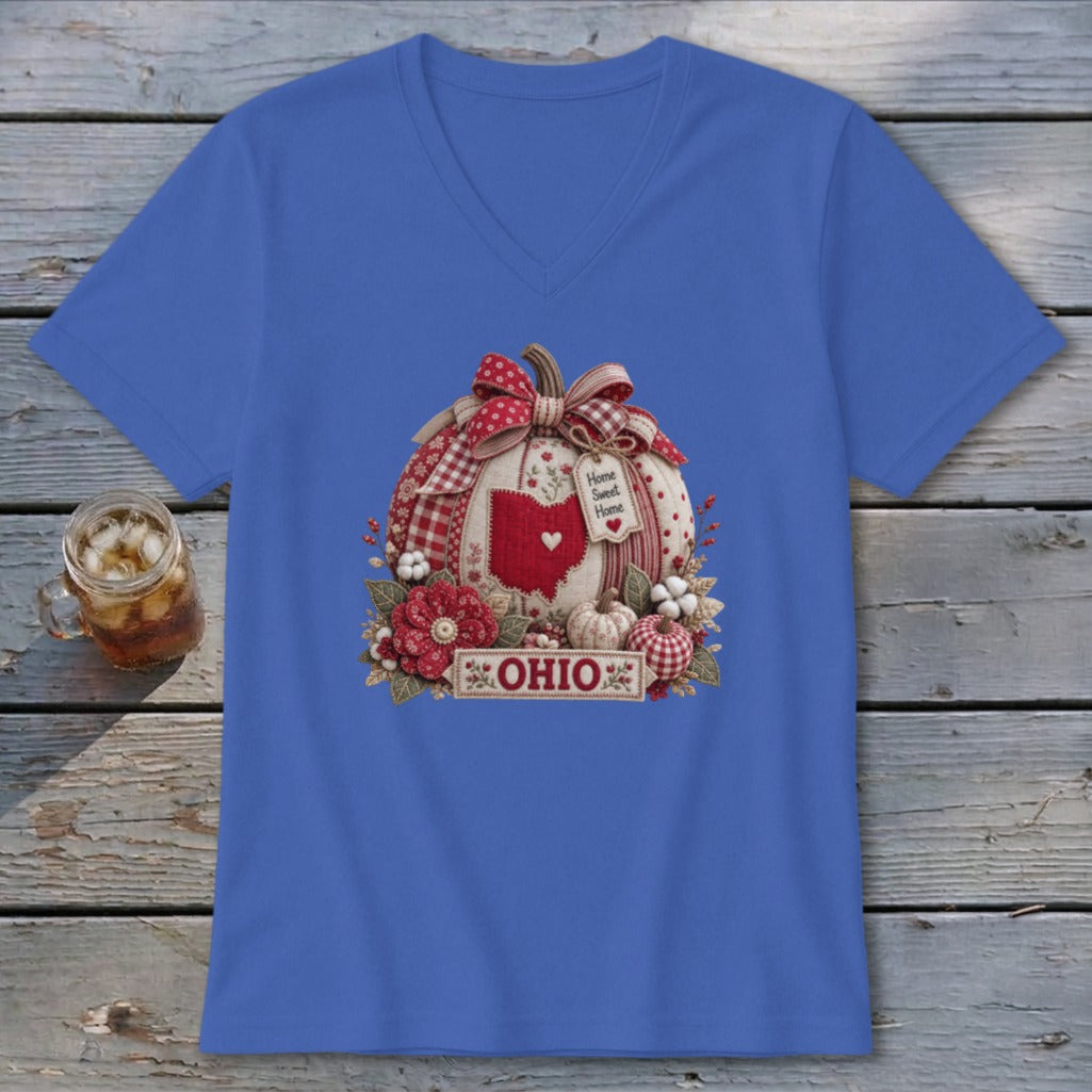 Ohio Faux Patchwork Pumpkin V-neck