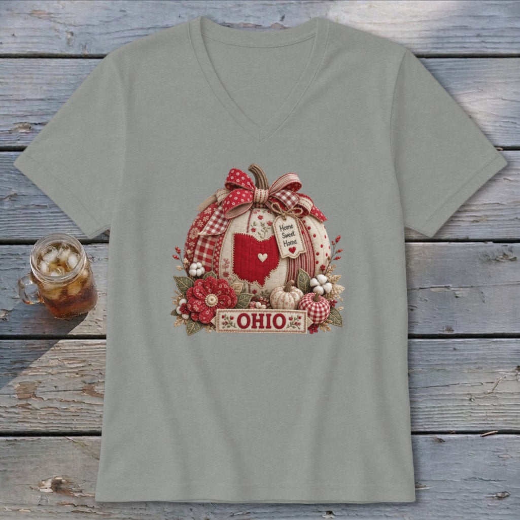 Ohio Faux Patchwork Pumpkin V-neck