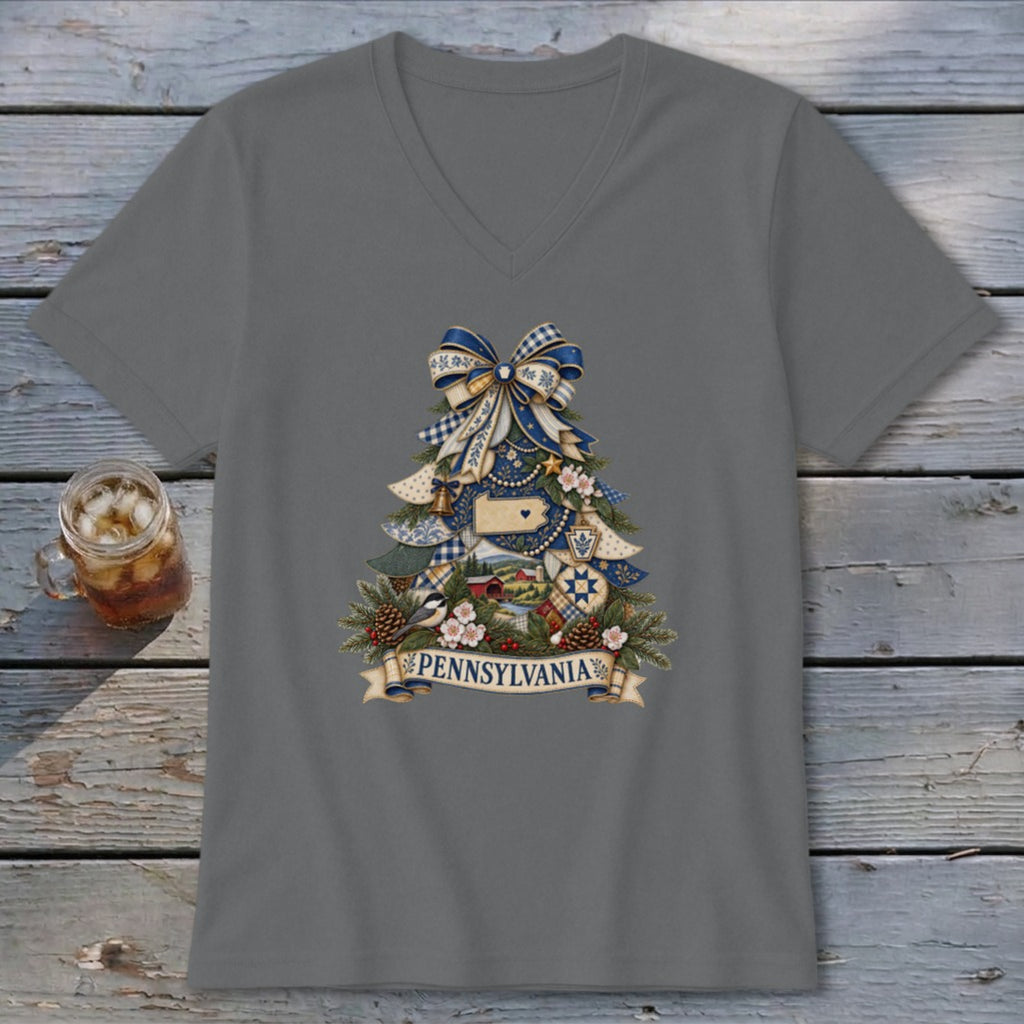 Pennsylvania Faux Patchwork Christmas Tree V-neck