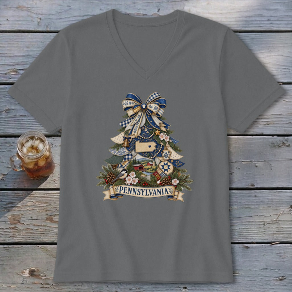 Pennsylvania Faux Patchwork Christmas Tree V-neck