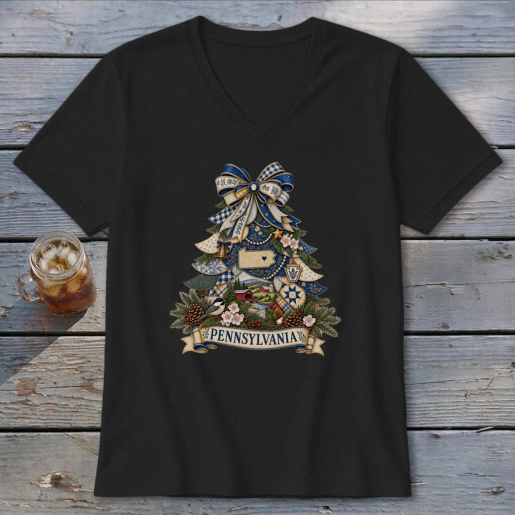 Pennsylvania Faux Patchwork Christmas Tree V-neck