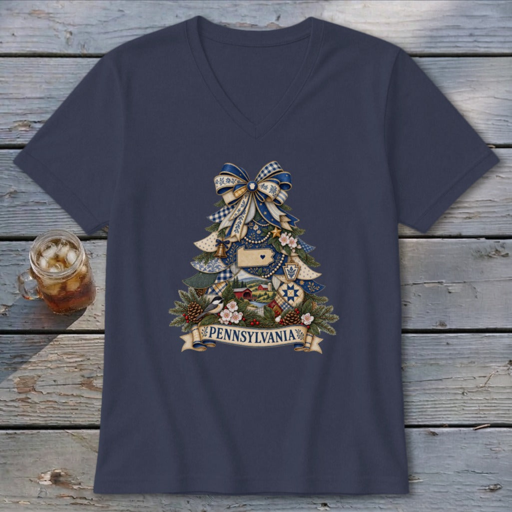 Pennsylvania Faux Patchwork Christmas Tree V-neck