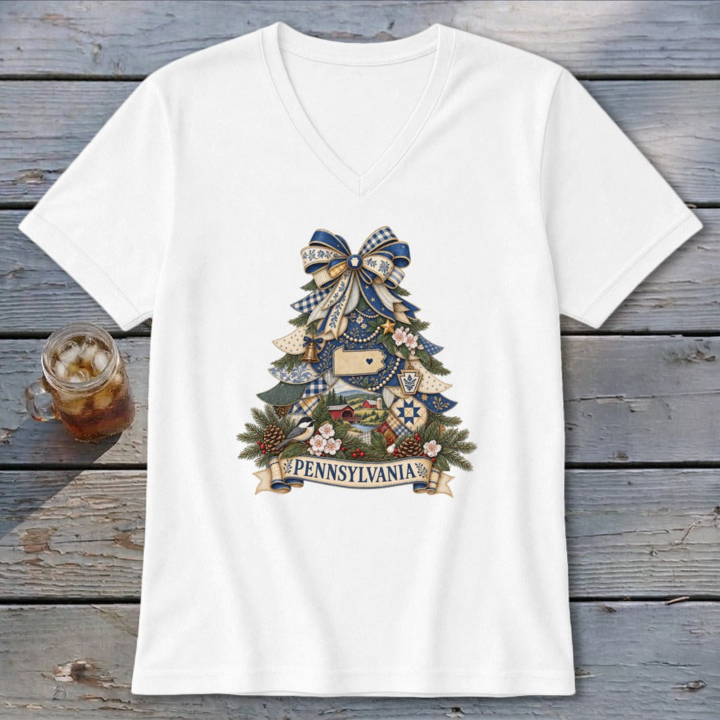 Pennsylvania Faux Patchwork Christmas Tree V-neck
